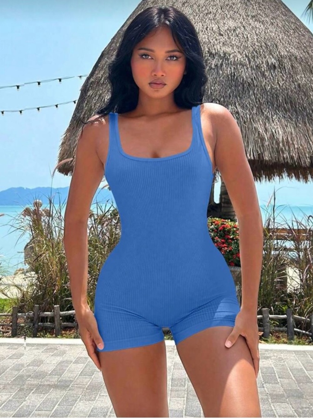 Ribbed Blue Square Neck Tank Romper
